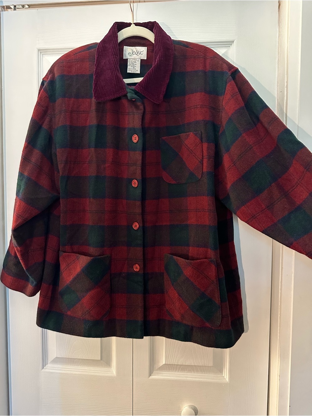 Classic Plaid Trench Coat with Corduroy Collar - Red & Forest Green